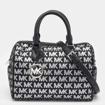Pre Owned Michael Kors Black Jacquard And Leather Bedford Boston Bag