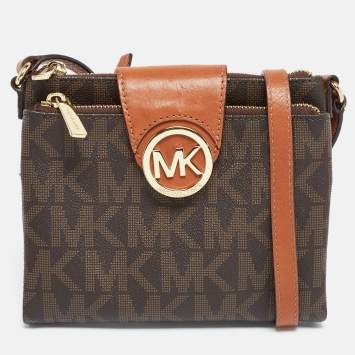 Pre Owned Michael Kors Brown Signature Coated Canvas and Leather Fulton Crossbody Bag