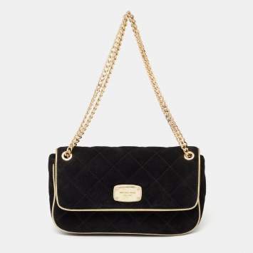 مملوكة مسبقًا MICHAEL Michael Kors Black/Gold Quilted Suede Jet Set Chain Flap Shoulder Bag