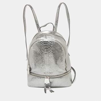 Pre Owned Michael Kors Metallic Silver Python Embossed Leather Small Rhea Backpack