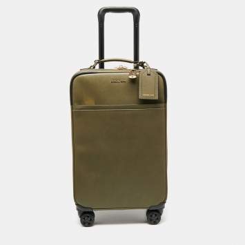 Pre Owned Michael Kors Olive Green Leather Jet Set Logo Luggage