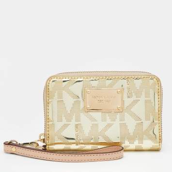 Pre Owned Michael Kors Gold Patent Leather Zip Around Wallet