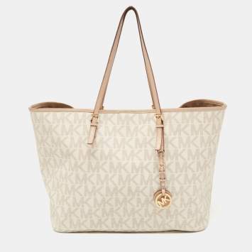 Pre Owned Michael Kors Off White Signature Coated Canvas and Leather Travel Tote