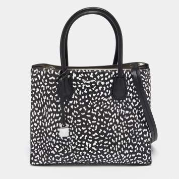Pre Owned Michael Kors Black/White Leopard Print Leather Large Mercer Tote