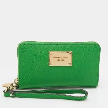 Pre Owned Michael Kors Green Leather Jet Set Zip Around Wristlet Wallet