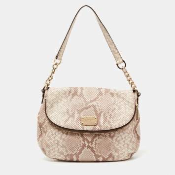 Pre Owned Michael Kors Beige Python Embossed Leather Bedford Crossbody Bag