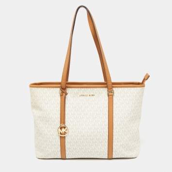 Pre Owned Michael Kors Brown/Off White Monogram Coated Canvas and Leather Large Sady Tote 