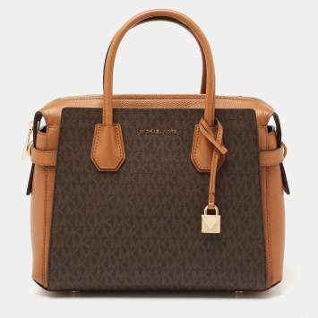 Pre Owned Michael Kors Brown Signature Coated Canvas and Leather Belted Mercer Satchel