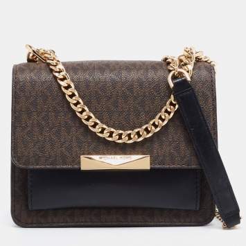 Pre Owned Michael Kors Dark Brown/Black Signature Coated Canvas And Leather Jade Shoulder Bag