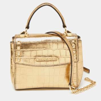Pre Owned Michael Kors Metallic Gold Croc Embossed Leather Karla Top Handle Bag