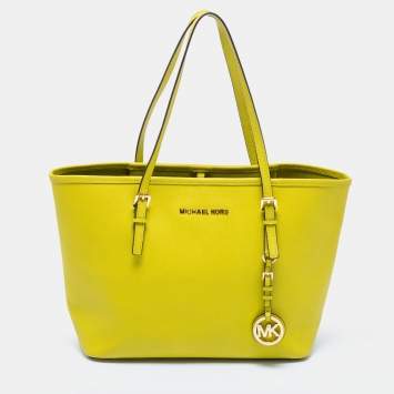 Pre Owned Michael Kors Neon Green Leather Small Jet Set Travel Tote