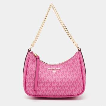Pre Owned Michael Kors Pink Signature Coated Canvas and Leather Charm Pochette Bag