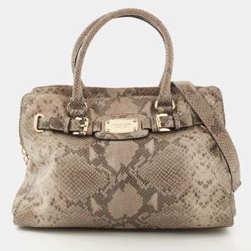 Pre Owned MICHAEL Michael Kors Beige/Black Python Embossed Leather East West Hamilton Tote