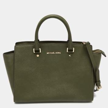 Pre Owned MICHAEL Michael Kors Military Green Saffiano Leather Large Selma Satchel