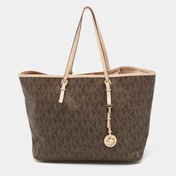 Pre Owned Michael Kors Brown Signature Coated Canvas And Leather Jet Set Shopper Tote