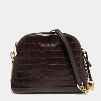 Pre Owned Michael Kors Burgundy Croc Embossed Leather Cindy Shoulder Bag