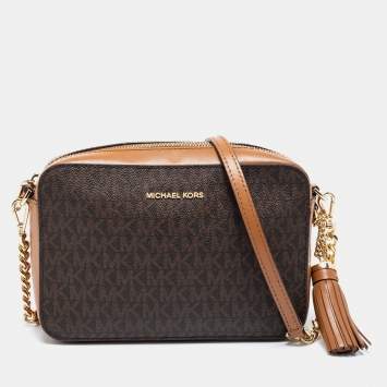 Pre Owned Michael Kors Brown Signature Coated Canvas and Leather Tassel Camera Crossbody Bag