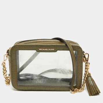 Pre Owned Michael Kors Green  PVC and Croc Embossed Ginny Crossbody Bag