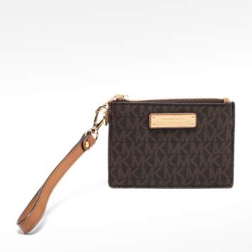 Pre Owned Michael Kors Brown/Beige Signature Coated Canvas and Leather Zip Card Holder 