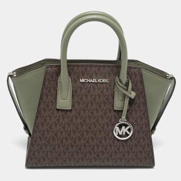 Pre Owned Michael Kors Brown/Green Signature Canvas And Leather Small Avril Satchel