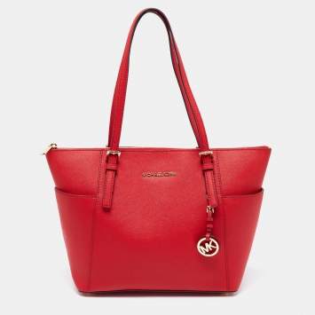Pre Owned Michael Kors Red Leather Jet Set Tote