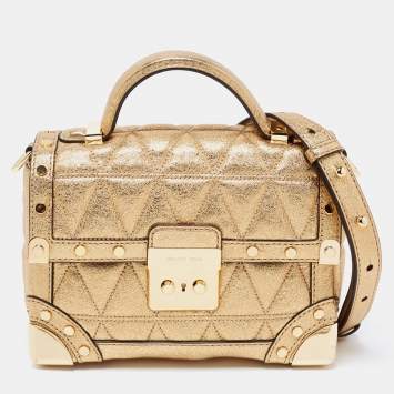 Pre Owned Michael Kors Gold Quilted Leather Small Cori Trunk Top Handle Bag