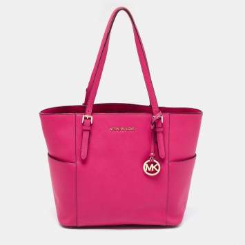 Pre Owned Michael Kors Pink Saffiano Leather Large Top Zip Jet Set Tote