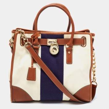 Pre Owned MICHAEL Michael Kors Tri Color Canvas and Leather Large Hamilton North South Tote