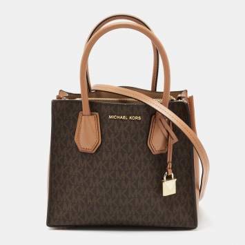 Pre Owned Michael Kors Brown Signature Canvas And Leather Mini Mercer Tote