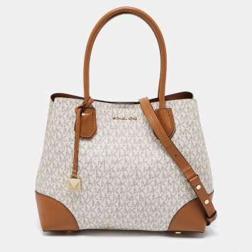 Pre Owned Michael Kors Brown/Beige Signature Coated Canvas and Leather Mercer Gallery Satchel