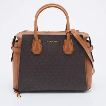 Pre Owned Michael Kors Brown Signature Coated Canvas and Leather Belted Mercer Satchel