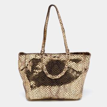 Pre Owned MICHAEL Michael Kors Metallic Gold Snakeskin Embossed Leather and Suede Chain Handle Tote