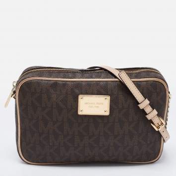Pre Owned MICHAEL Michael Kors Brown/Beige Signature Coated Canvas and Leather Large East West Camera Crossbody Bag