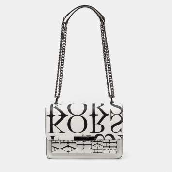 Pre Owned Michael Kors White Newsprint Logo Leather Jade Large Shoulder Bag 