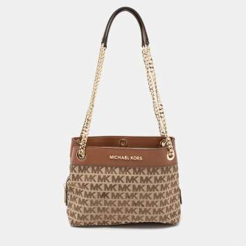 Pre Owned Michael Kors Beige/Brown Signature Canvas and Leather Small Susan Shoulder Bag