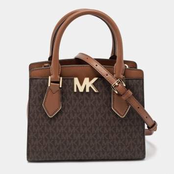 Pre Owned Michael Kors Brown Monogram Canvas Leather Medium Mott Tote
