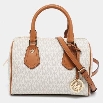 Pre Owned Michael Kors White /Brown Signature Coated Canvas And Leather Aria Satchel