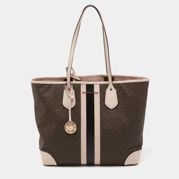 Pre Owned Michael Kors Brown/Pale Pink Monogram Canvas And Leather Stripe Print Tote