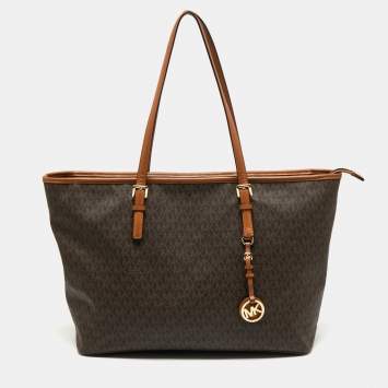Pre Owned Michael Kors Brown Signature Coated Canvas and Leather Jet Set Travel Tote