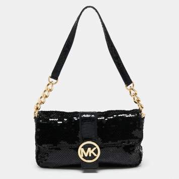 Pre Owned Michael Kors Black Sequins And Python Effect Leather Flap Shoulder Bag