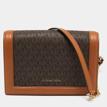 Pre Owned Michael Kors Brown Coated Canvas Leather Jet Set Shoulder Bag