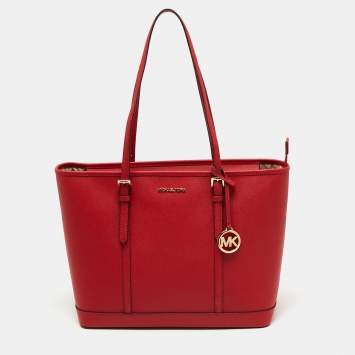 Pre Owned Michael Kors Red Leather Large Jet Set Travel Tote