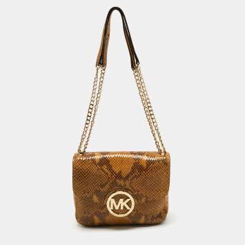 Pre Owned Michael Kors Yellow Python Embossed Leather Fulton Shoulder Bag