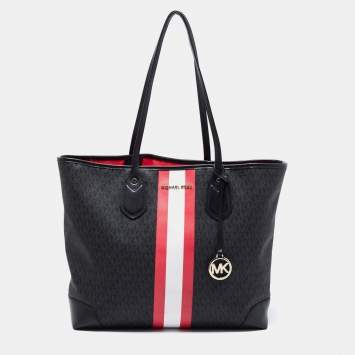 Pre Owned Michael Kors Black Logo Stripe Signature Coated Canvas and Leather Large Eva Tote