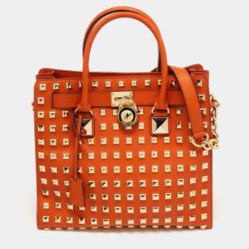 Pre Owned MICHAEL Michael Kors Orange Leather Large Studded Hamilton Tote