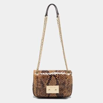 Pre Owned Michael Kors Beige/Brown Python Embossed Leather Small Sloan Flap Shoulder Bag