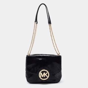 Pre Owned Michael Kors Black Python Embossed Leather Fulton Shoulder Bag