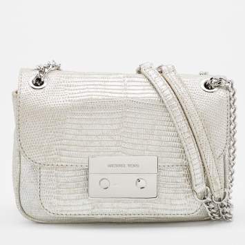Pre Owned Michael Kors Silver Lizard Embossed Leather Small Sloan Shoulder Bag