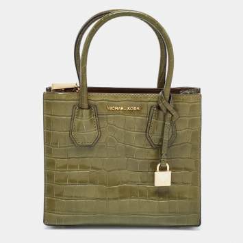 Pre Owned Michael Kors Green Croc Embossed Leather Mini Mercer Tote