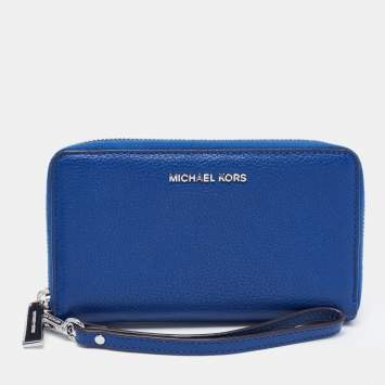 Pre Owned Michael Kors Blue Leather Jet Set Zip Around Wristlet Wallet